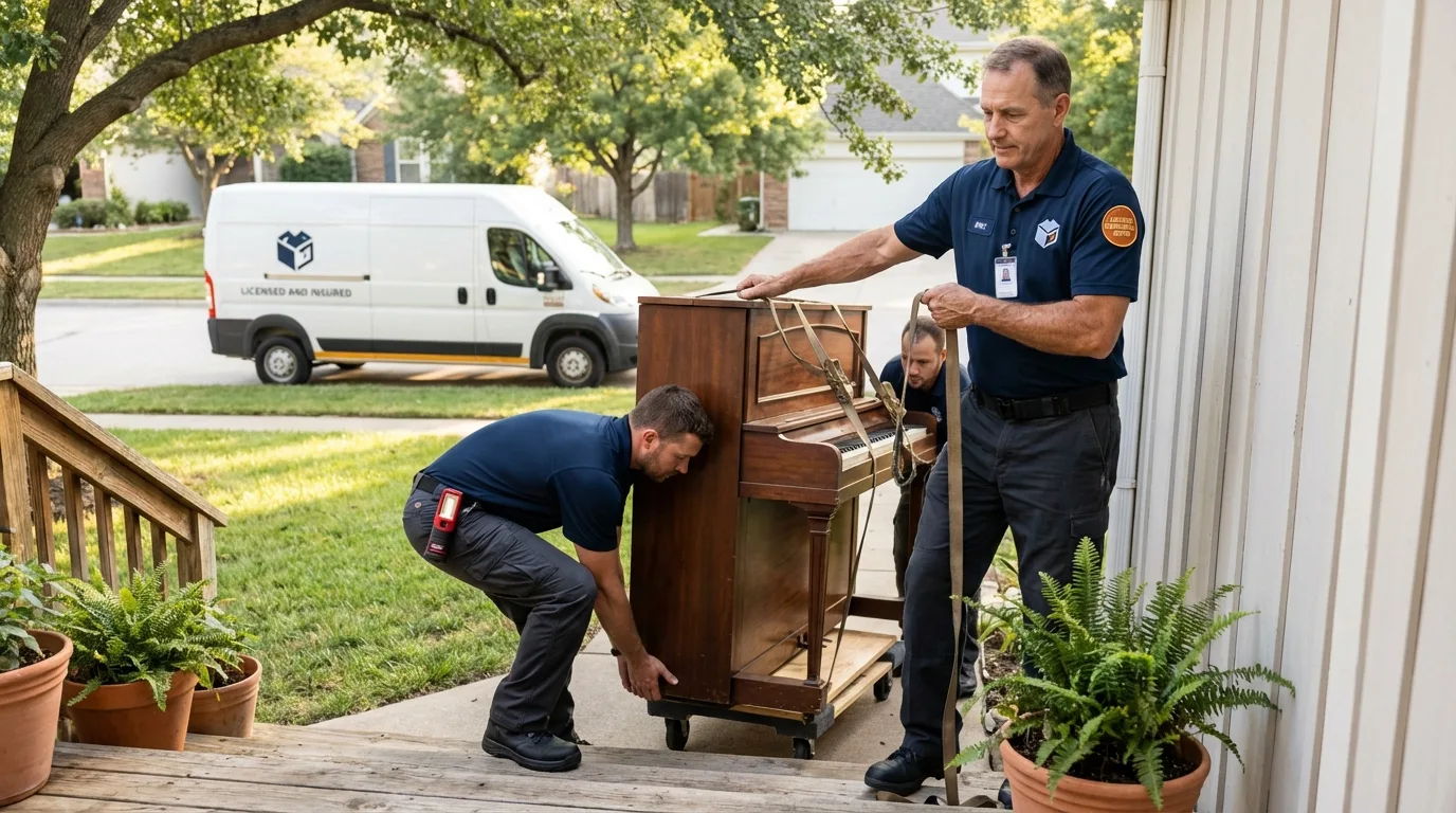 Licensed piano movers securing grand piano in San Jose, CA